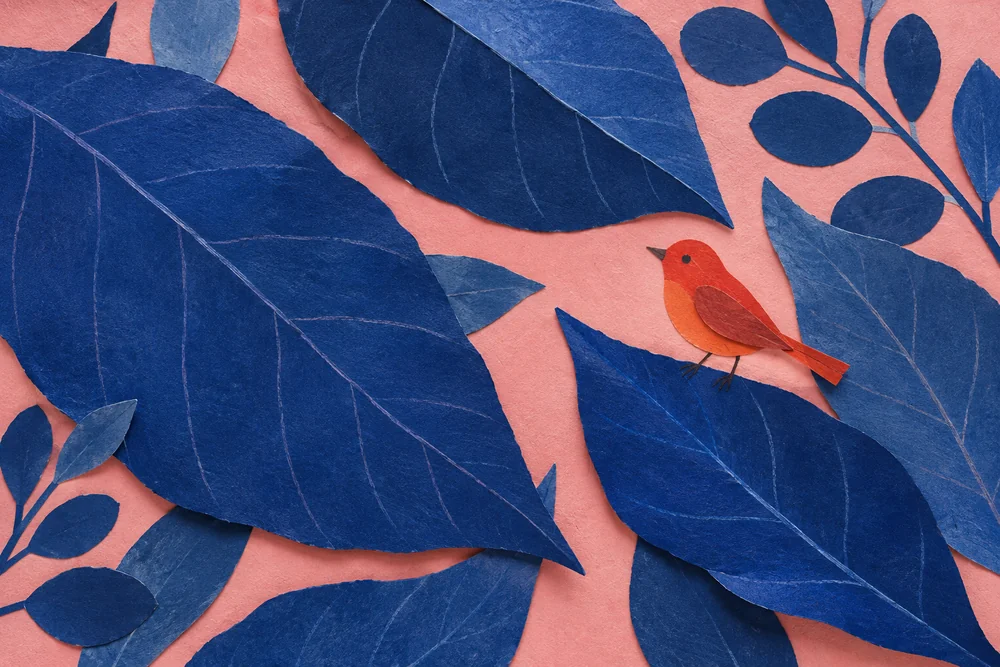A generated editorial illustration with oversized blue leaves, a pink field and a small red-orange character.