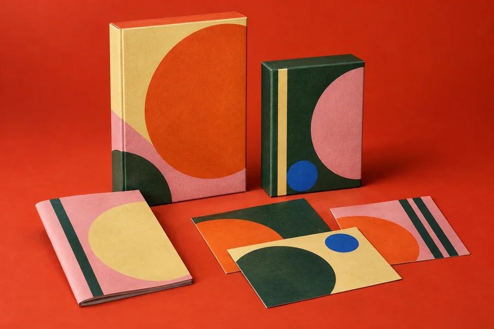 Geometric paper boxes, a booklet and postcards in orange, yellow, pink, green and blue.