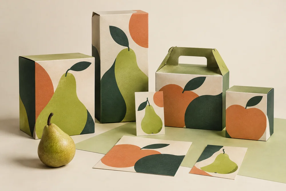 Generated fruit-inspired packaging and printed matter in lime, orange, cream and dark green.