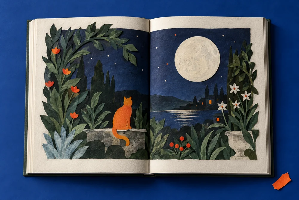 An open picture book showing an orange cat in a moonlit paper garden, on a blue tabletop.