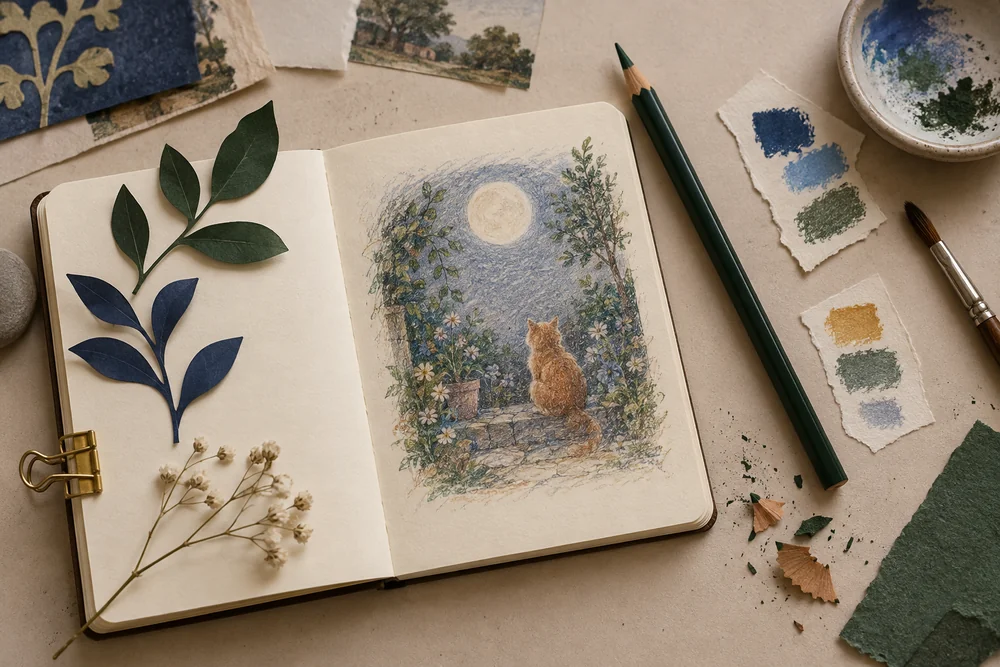A generated material study with a sketchbook, paper leaves, colour samples and drawing tools.